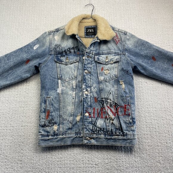 Y2K Zara Denim Punk Emo Goth Graffiti Jacket Sherpa Lined Distressed Men Size S - Picture 7 of 16